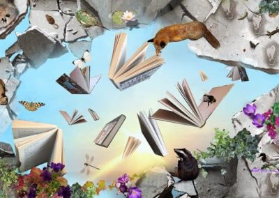3D cracked ground vinyl flooring with floating books and woodland animals by Blue Butterfly Flooring