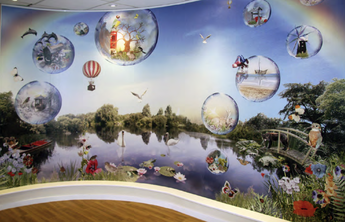 Riverside Bubble Scene Bespoke Wall Mural Bespoke home décor wall mural with river, wildlife, and floating bubble scenes