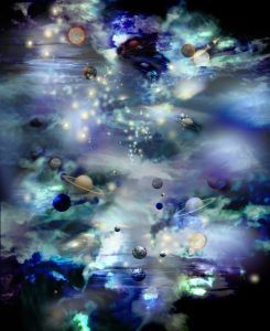 Galaxy flooring design with planets, stars and deep blue nebula effects by Blue Butterfly Flooring