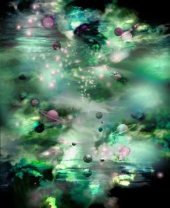 Galaxy flooring in green nebula tones with floating planets and cosmic lighting by Blue Butterfly Flooring