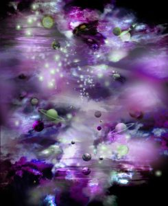 Galaxy flooring design in purple space tones with glowing planets and starbursts by Blue Butterfly Flooring