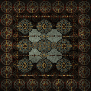 Dark Celtic flooring design with intricate geometric tile motifs in grey, gold and deep red by Blue Butterfly Flooring