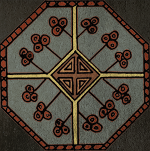 Celtic flooring tile design with symbolic knot patterns and bold earthy tones by Blue Butterfly Flooring