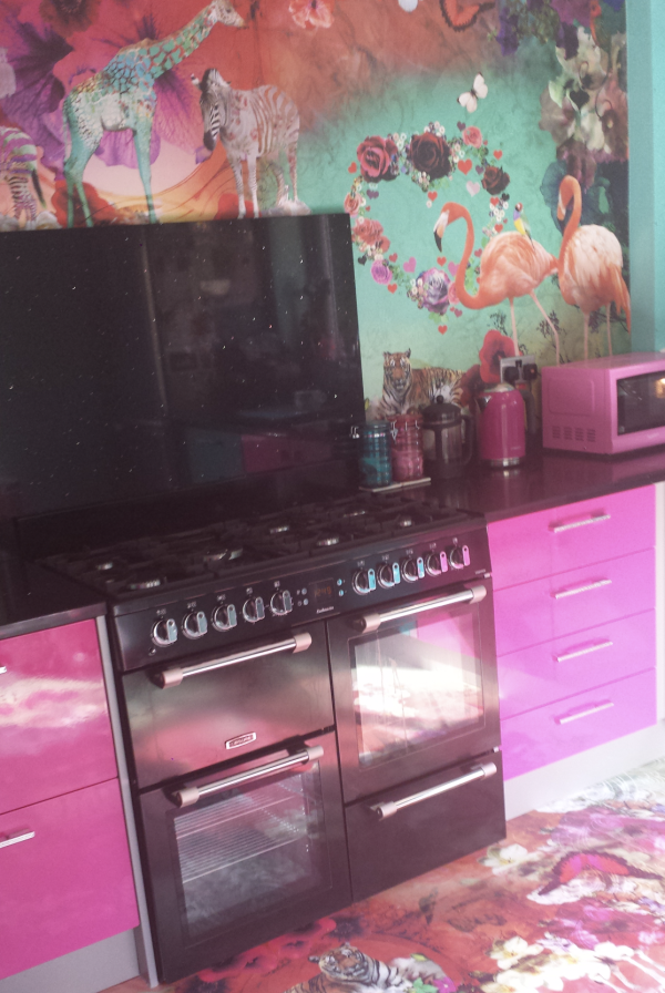 Bespoke Flamingo and Zebra Mural for Kitchen Décor Colourful bespoke home décor mural featuring flamingos and zebras in a vibrant kitchen