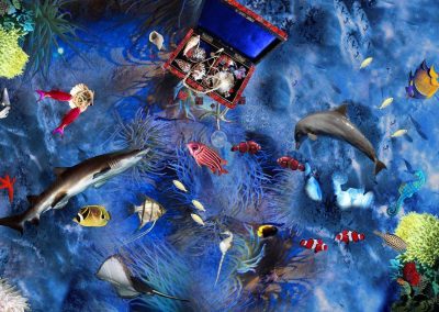 Seaside flooring with dolphin, treasure chest and tropical sea life by Blue Butterfly Flooring