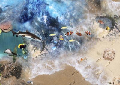 3D seaside flooring with sandy beach, ocean water and sharks by Blue Butterfly Flooring