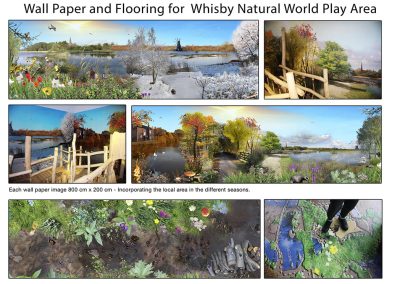 Bespoke wallpaper and flooring design for Whisby Natural World Play Area featuring local landscapes through the seasons